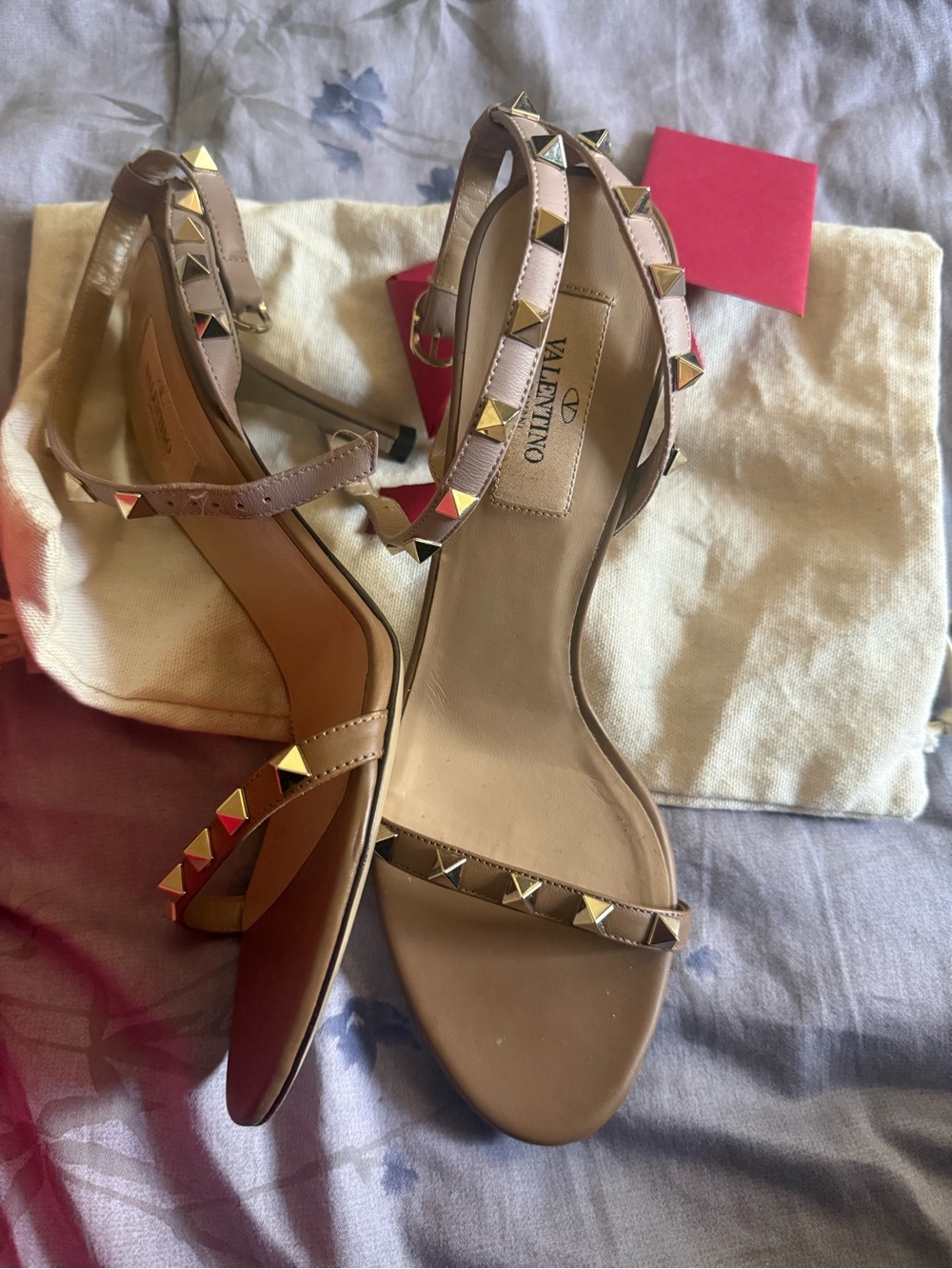 Valentino Garavani Rockstud Tan Leather Ankle Strap heeled Sandals